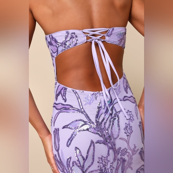 Lulus Shimmering Icon Lavender Sequin Lace-Up Strapless Maxi Dress M Party Prom - Picture 4 of 12